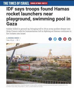 Photo of article: "IDF says troops found Hamas rocket launchers near playground, swimming pool in Gaza," Times of Israel, 5th Nov 2023.