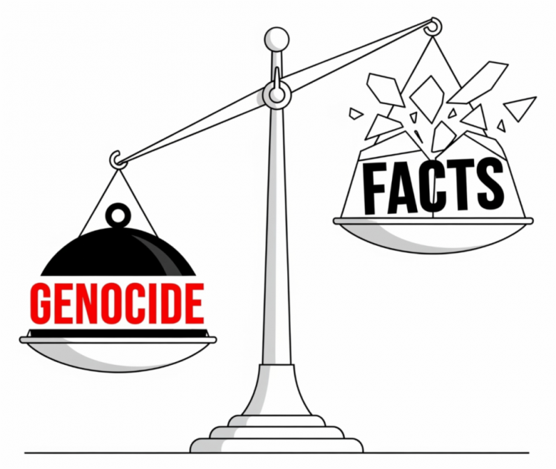 Graphic showing a justice scale where the false accusation of genocide outweighs the facts.